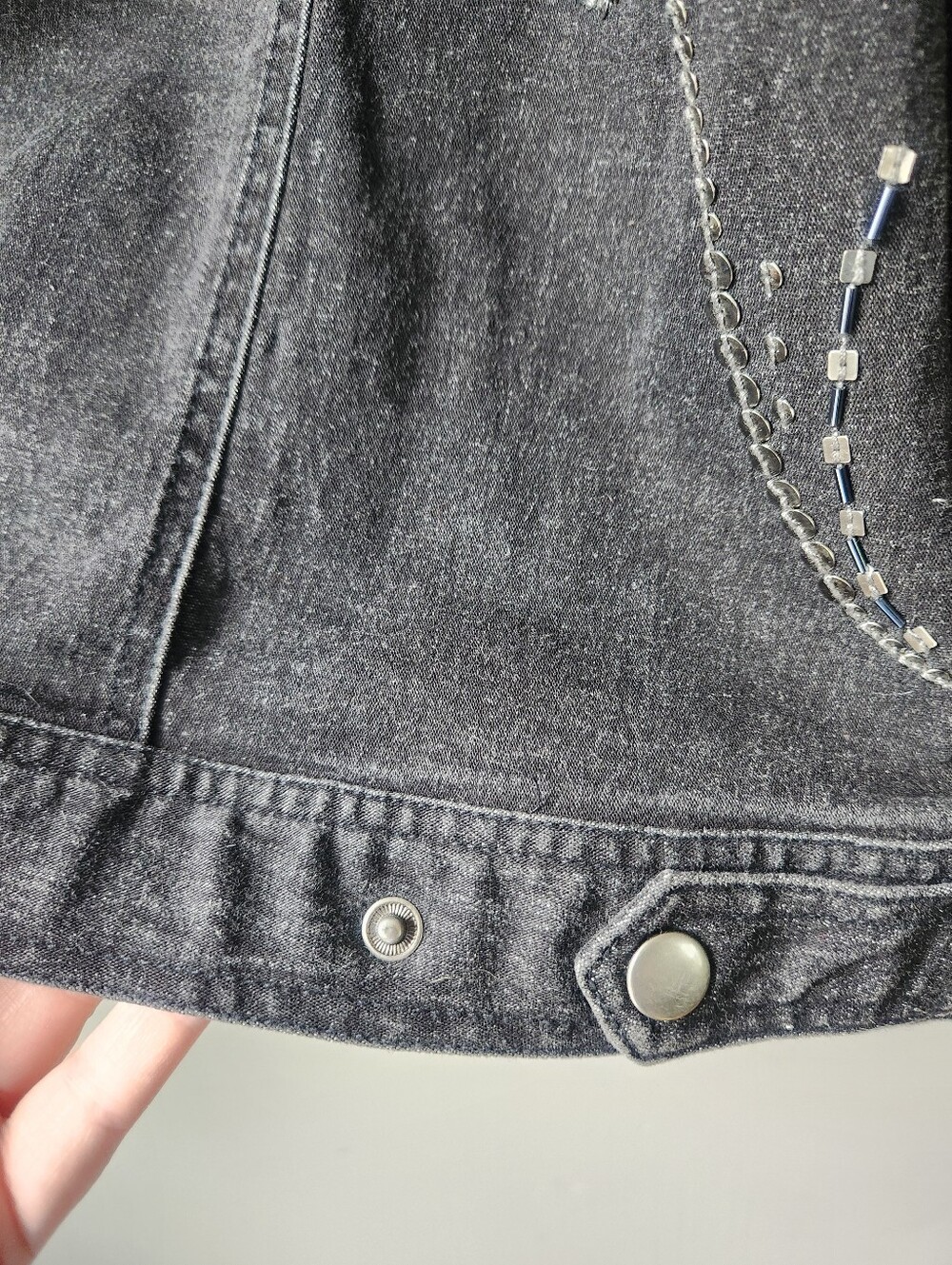 Susan Bristol Black Denim Jacket w Floral Paisley Beaded Sequins - Picture 12 of 16
